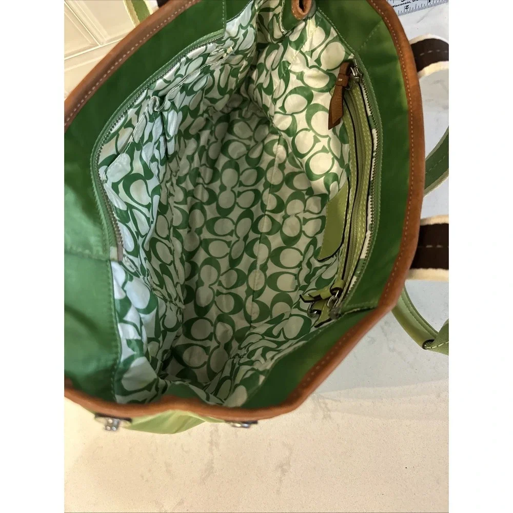 Coach Hampton Green Sateen Nylon Tote Bag Leather Trim Canvas Handles W Charm
